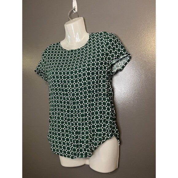 H&M Shirt Womens Small Green White Geometric Print Short Sleeve Keyhole Blouse - Picture 3 of 7